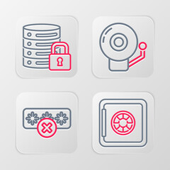 Poster - set line safe, password protection, ringing alarm bell and server security with lock icon. vector