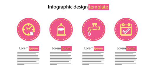 Poster - set line water tap, calendar with check mark, tombstone rip written and clock 24 hours icon. vector