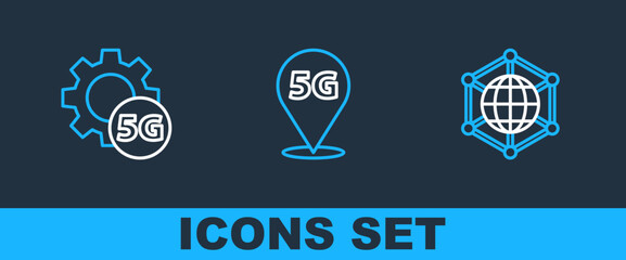 Poster - Set line Social network, Setting 5G and Location icon. Vector