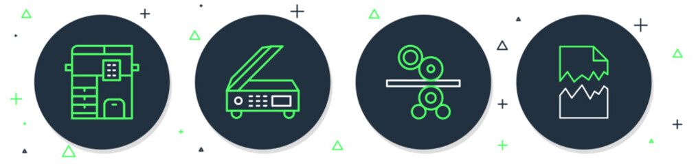 Poster - Set line Scanner, Paper roll of printing press, Copy machine and Torn document icon. Vector