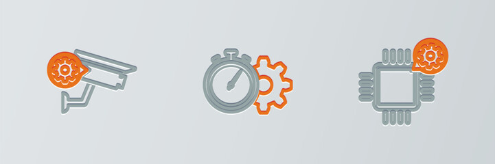 Poster - Set line Processor setting, Security camera and Time management icon. Vector