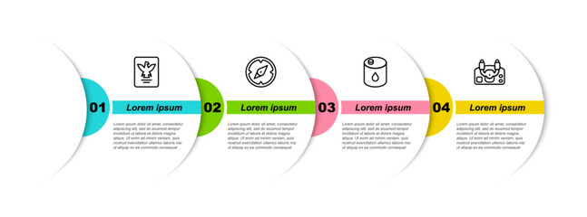 Sticker - Set line Passport, Compass, Barrel oil and Aircraft steering helm. Business infographic template. Vector