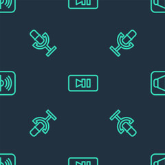 Poster - Set line Pause button, Microphone and Speaker volume on seamless pattern. Vector