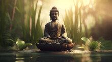 Buddha Statue In Green Zen Environment