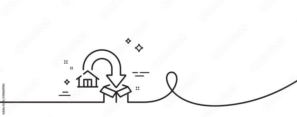 Moving service line icon. Continuous one line with curl. Packing things sign. Things transportation symbol. Moving service single outline ribbon. Loop curve pattern. Vector