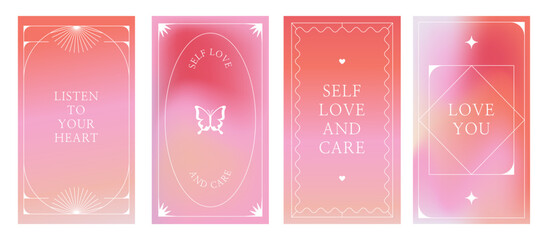 Poster - Vector set of design elements and illustrations in simple minimalist linear style - self care and love motivational quotes, prints and posters in y2k style