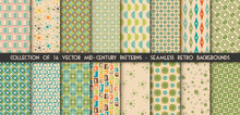 Mid Century Collection Of 16 Modern Seamless Patterns In Vector. 1950s Vintage Style Atomic Backgrounds, Retro Vector Illustrations.