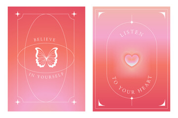 Poster - Vector set of design elements and illustrations in simple minimalist linear style - self care and love motivational quotes, prints and posters in y2k style