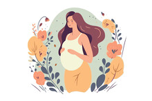 Beautifulpregnant Woman Banner With Copy Space, Concept Of Pregnancy, Parenthood, Card For Design, Vector Flat Illustration On A White Background. 