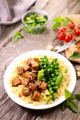 Wall Mural - fried tofu,  green vegetable with soy sauce
