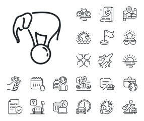 Poster - Circus sign. Plane jet, travel map and baggage claim outline icons. Elephant on ball line icon. Amusement park show. Elephant on ball line sign. Car rental, taxi transport icon. Place location. Vector