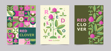 Set Poster, Brochure With Red Clover Drawing. Isolated Flower And Leaves. Cards Geometry For Print Design Vector Banner