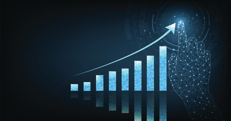 Aufkleber - Concept of growth business on successful with graph icon up digital on dark blue background. growing graph icon from triangle line particle design low poly.