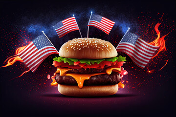 Wall Mural - a big burger with three juicy beef patties bonded with American flag firework skewers. Generative Ai