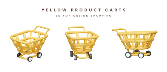 Poster - 3d Set of yellow product cart for shopping concept. icon isolated on white background. 3d rendering illustration. Clipping path.