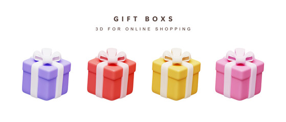 Poster - 3d Set of color gift box for shopping concept. icon isolated on white background. 3d rendering illustration. Clipping path.