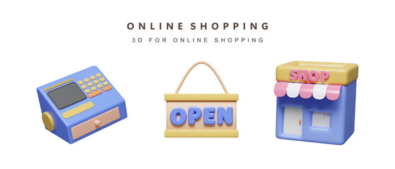Poster - 3d Set of shopping online concept. icon isolated on white background. 3d rendering illustration. Clipping path.