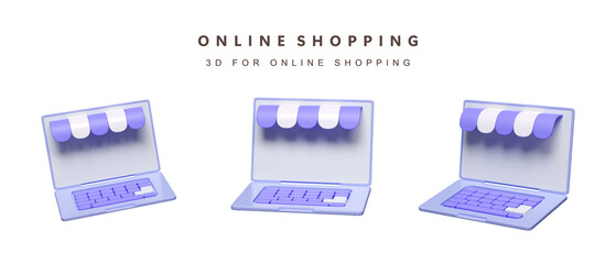 Poster - 3d Set of store on laptop for shopping online concept. icon isolated on white background. 3d rendering illustration. Clipping path.