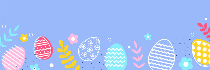 Wall Mural - Colourful Easter eggs and flowers on blue background. Modern design. Banner. Vector illustration