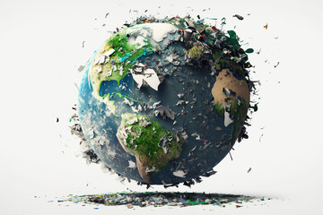 Planet Earth splashing garbage on white background, Polluted  concept of ecology and the World Cleanup Day,  Space debris, AI Generative.