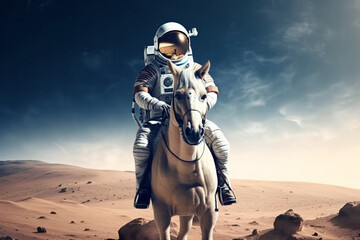 Wall Mural - cosmonaut or astronaut on a horse on the moon walking in space. funny concept for astronomy and expl