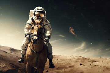 Wall Mural - cosmonaut or astronaut on a horse on the moon walking in space. funny concept for astronomy and expl