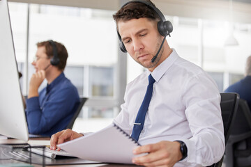 Leinwandbilder - Call center, business man and corporate paperwork of a telemarketing employee with a document. Reading, online consultation and web support worker with consulting script and conversation point list