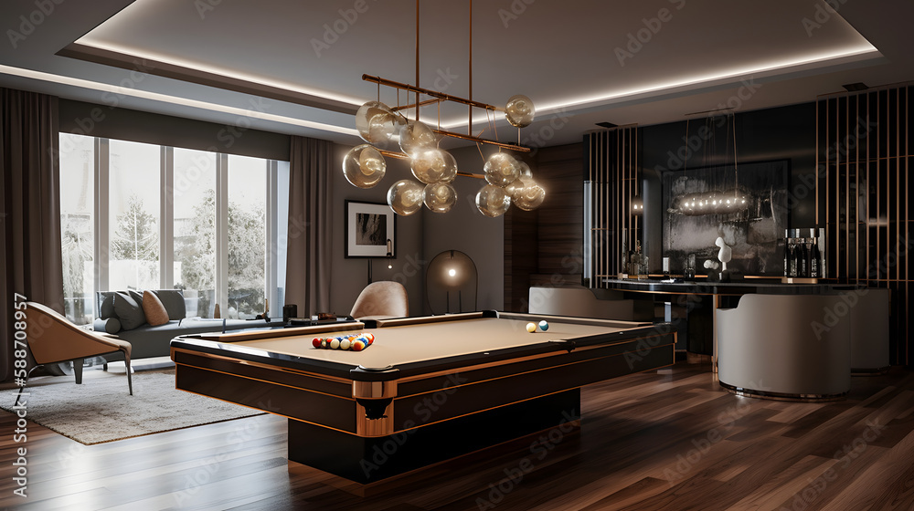 internal design with pool table in a amazing penthouse living room, 3d ...