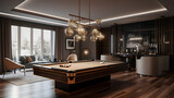 Fototapeta  - internal design with pool table in a amazing penthouse living room, 3d render, generative ai	