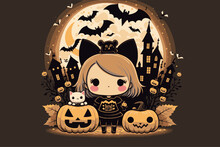 Vector Illustration Of A Cute Witch Character Next Carved Pumpkins Against A Creepy City