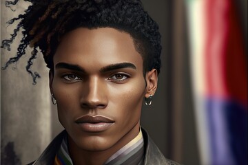 3d rendered illustration of a handsome black man with earrings on a dark background and flag