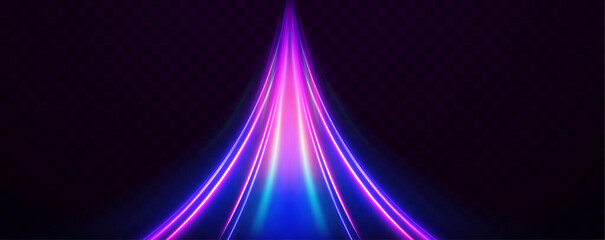 Aufkleber - Luminous bright background. High speed effect motion blur night lights blue and red. Magic shining neon light line trails. Purple glowing wave swirl, impulse cable lines. Long time exposure. Vector	