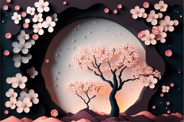 Sticker - Illustration of a beautiful artistic nature background with pink trees and flowers