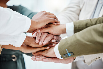 Aufkleber - Teamwork, collaboration and hands stack of business people for motivation, support and community. Diversity, team building and hand of men and women together for goals, trust and solidarity in office