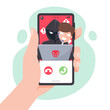 A fake thief in disguise calls the smartphone. fraud scam and steal private data on devices. vector illustration flat design for cyber security awareness concept.	