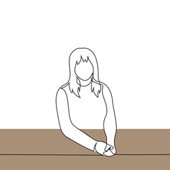 Wall Mural - woman sits at the table with her palms together and looks at the viewer - one line drawing vector. concept student