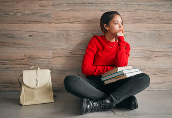 Sticker - University, woman with books on floor and and thinking, mock up space and education at academic college. Information, knowledge and backpack, student on floor with concentration and book to study.