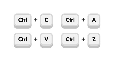 Different computer keyboard buttons combinations. Hotkeys combination such as copy, paste, selection and cancellation. Vector illustration