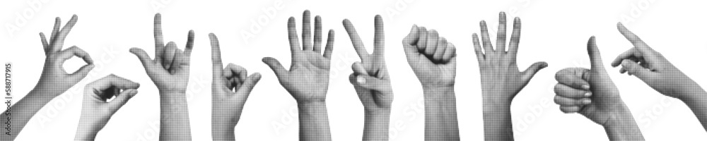 Halftone hands set. Trendy vector pieces. Gesture signs. Modern forms ...
