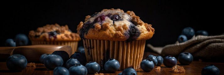 Close-up of a blueberry muffin and fresh berries on a rustic wooden cutting board.homemade baking. country style. generative AI