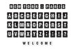 Scoreboard flip font. Realistic mechanical scoreboard with alphabet and symbols on panel. Vector illustration.