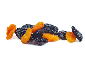 Wall Mural - Dried plums and apricots isolated on white background.