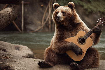 funny bear playing guitar. wild animal playing musical instrument. music performance and animals con