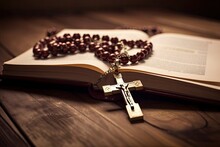 Open Bible And Wooden Rosary With A Cross. Generative AI
