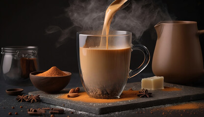 masala chai tea is poured into a glass cup. a traditional hot drink in india and south asia. black t