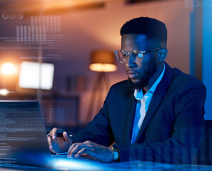 Aufkleber - Black man in business, code with laptop and hologram, analytics and programmer in office at night, dashboard and overlay. Information technology, data analysis and graph with software development