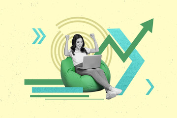 Poster - Creative art collage of young business lady fists up hooray graphic growth cryptocurrency income trading isolated on drawn background