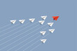 © royyimzy - Business concept. Red paper airplane flying changing direction on blue sky of business teamwork and one different vision. Leader, New idea, boss, manager, winner concept, trend. Vector illustration
