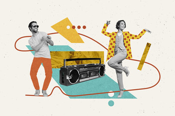 Sticker - Photo template minimal collage of two youngsters listen retro pop music style have fun boombox relax dance isolated on drawn background