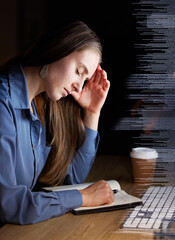 Leinwandbilder - Data overlay, night and woman with headache in programming analysis, glitch or analytics depression, burnout or fatigue. Business person with stress, migraine and coding 404 on information technology